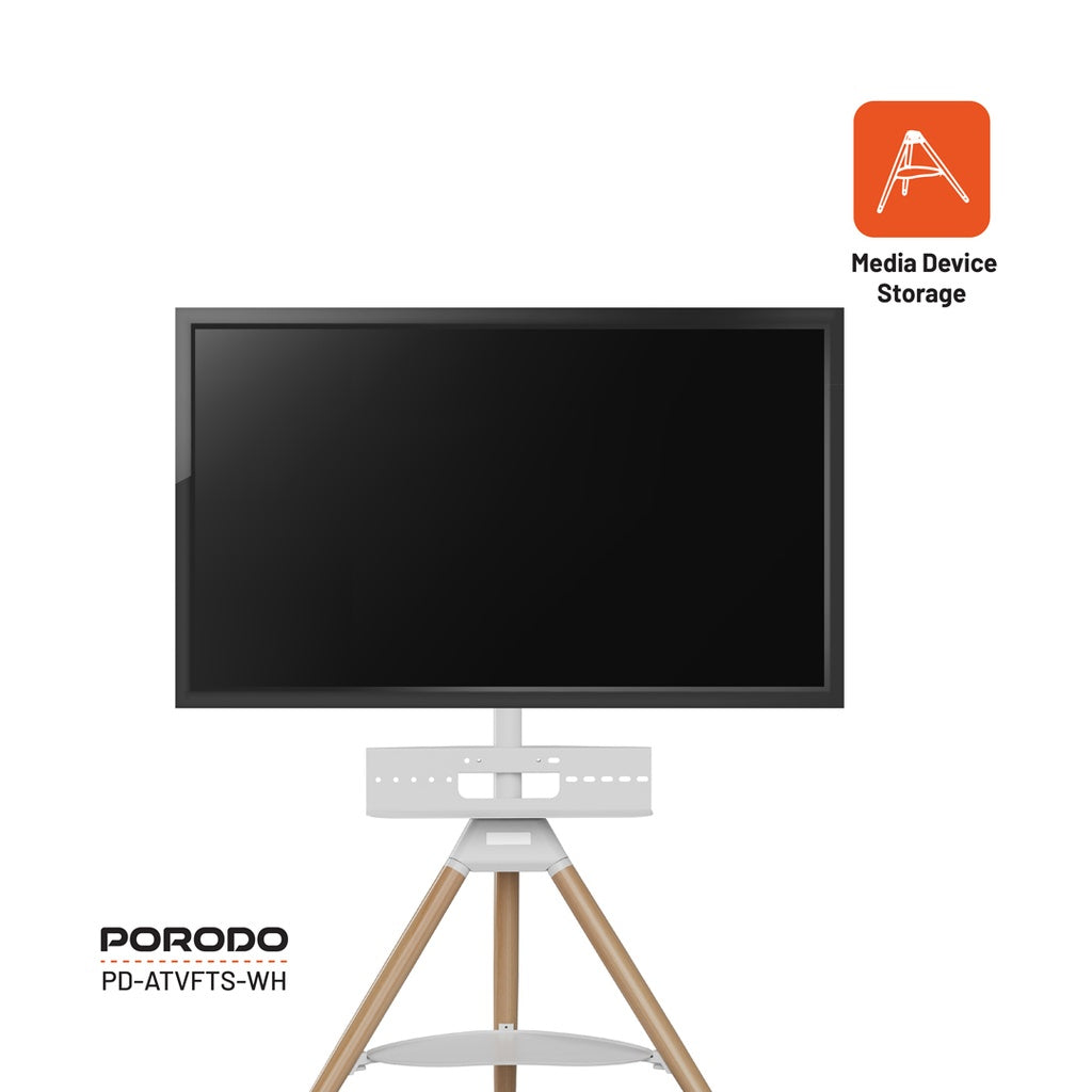 ستاند ارضي فني للتلفاز من 32 بوصة الى 65 بوصة من بورودو, مع حامل ثلاثي خشب - ابيض | Porodo 32"-65" Artistic TV Floor Tripod Stand - White