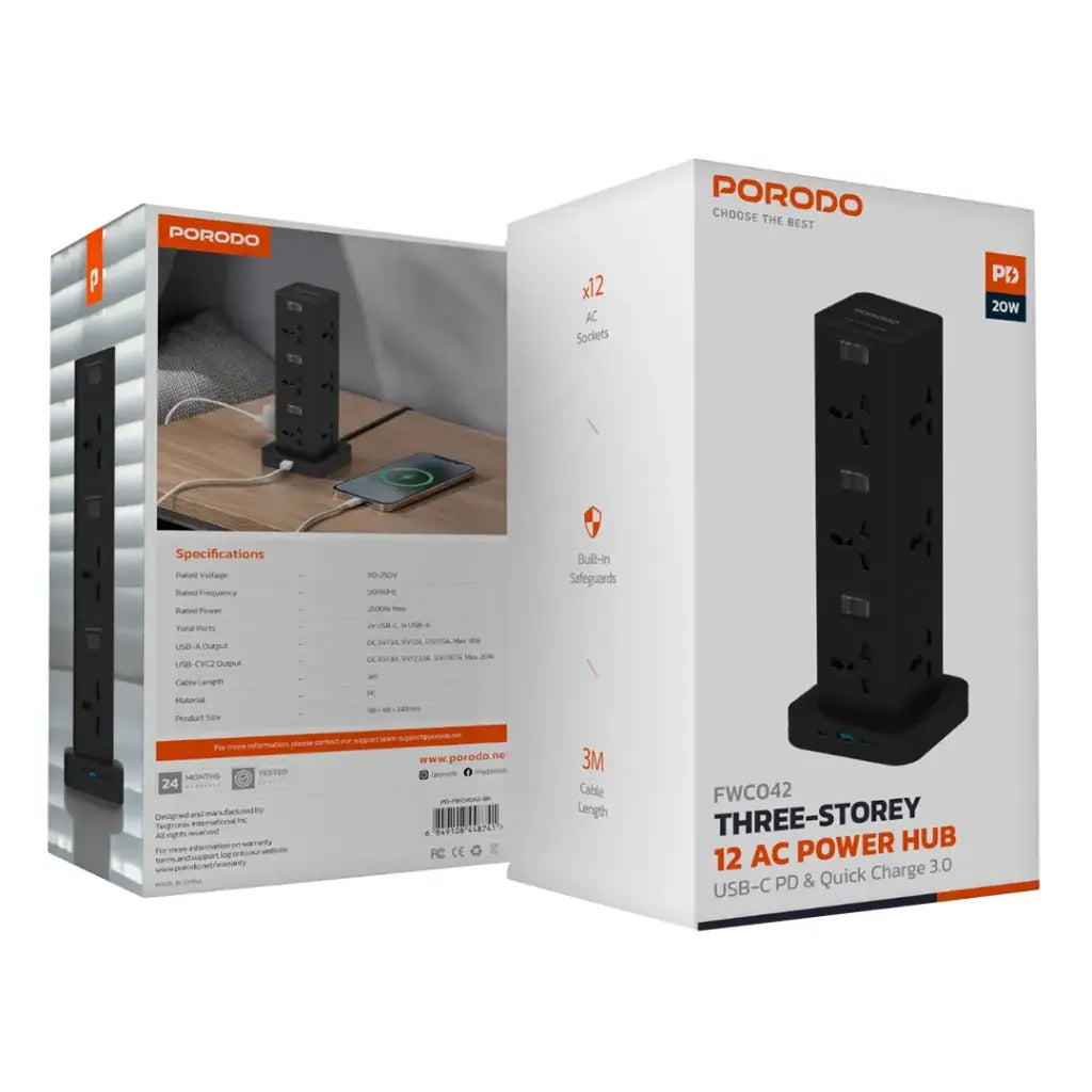 بورودو برج طاقة 12 منفذ مع USB-C PD و QC 3.0 , كيبل بطول 3 متر - اسود | Porodo PD20W QC 3.0 1A + 2 Type C Socket Tower 3M - Black