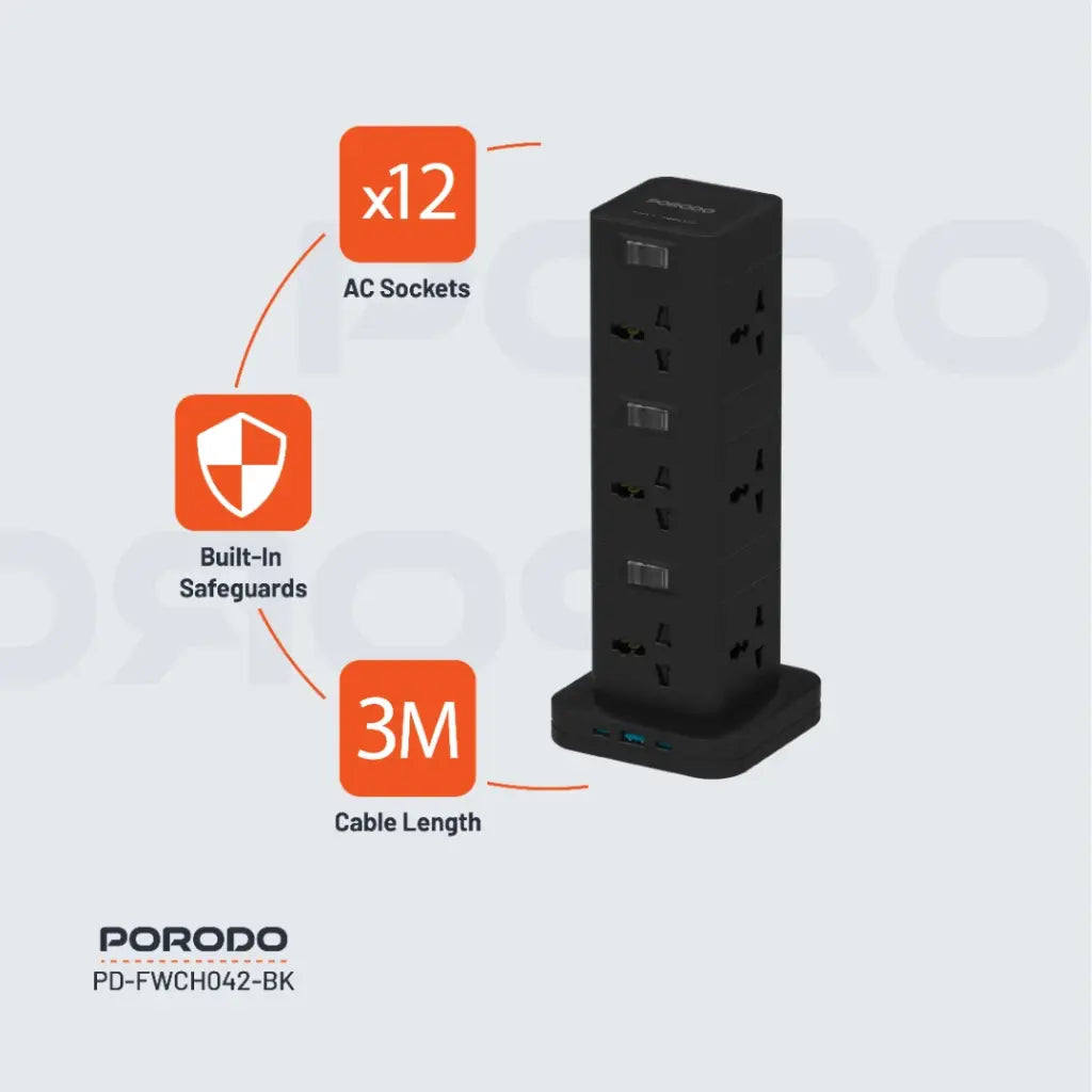 بورودو برج طاقة 12 منفذ مع USB-C PD و QC 3.0 , كيبل بطول 3 متر - اسود | Porodo PD20W QC 3.0 1A + 2 Type C Socket Tower 3M - Black