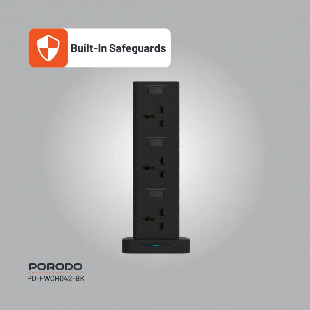 بورودو برج طاقة 12 منفذ مع USB-C PD و QC 3.0 , كيبل بطول 3 متر - اسود | Porodo PD20W QC 3.0 1A + 2 Type C Socket Tower 3M - Black