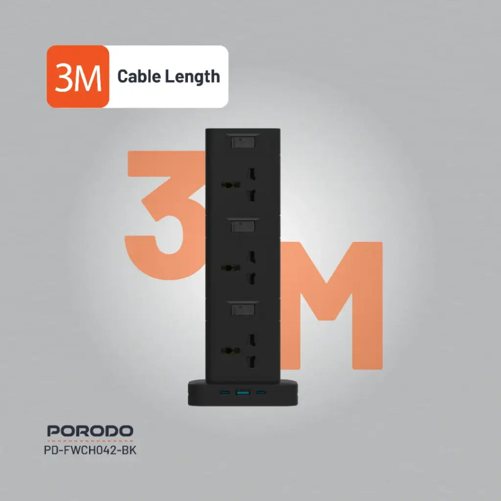 بورودو برج طاقة 12 منفذ مع USB-C PD و QC 3.0 , كيبل بطول 3 متر - اسود | Porodo PD20W QC 3.0 1A + 2 Type C Socket Tower 3M - Black