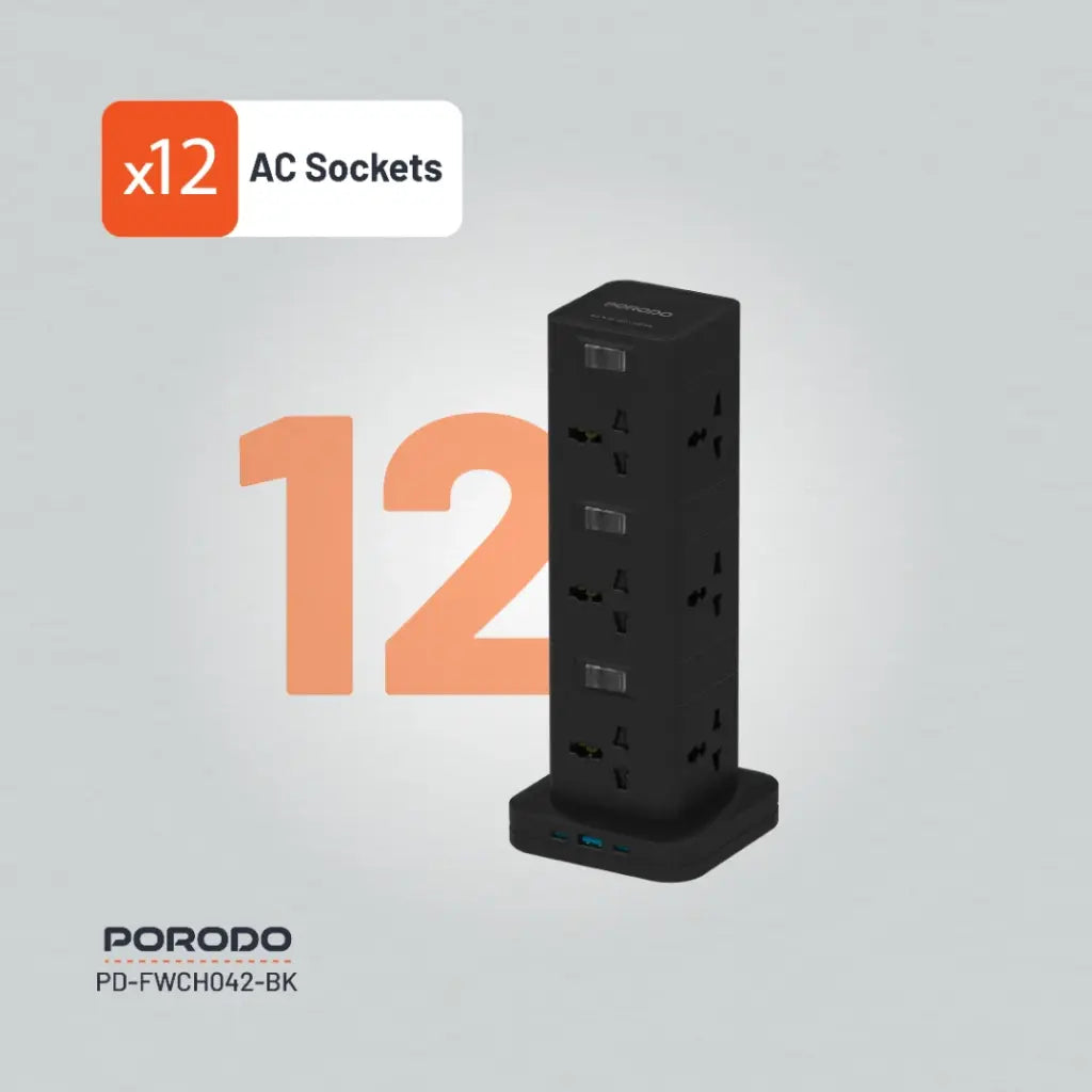 بورودو برج طاقة 12 منفذ مع USB-C PD و QC 3.0 , كيبل بطول 3 متر - اسود | Porodo PD20W QC 3.0 1A + 2 Type C Socket Tower 3M - Black
