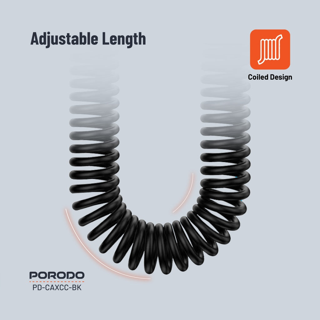 كيبل بورودو تايب سي الى AUX بطول 1.2 متر - اسود | Porodo Type-C to 3.5mm AUX Coil Audio Cable 1.2M – Black