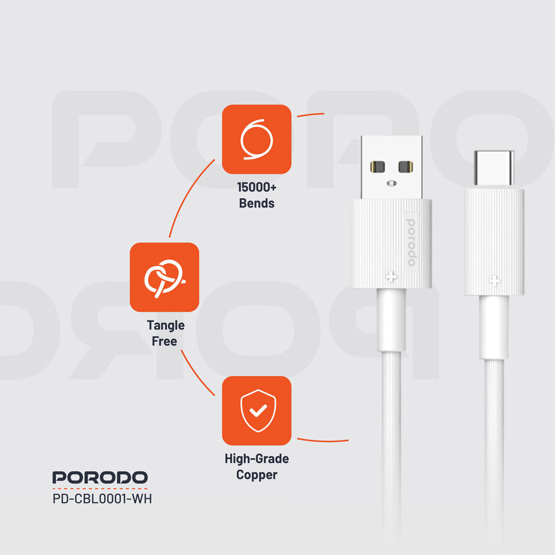 كيبل شحن بورودو من يو اس بي اي الى يو اس بي سي بطول 1.2 متر | Porodo USB-A to Type-C Durable PVC Charging Cable 1.2M