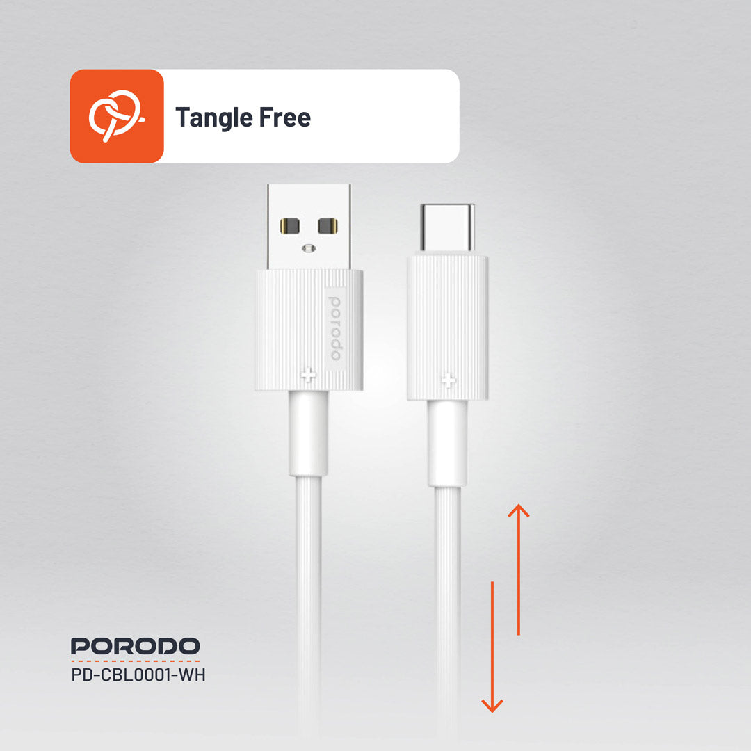 كيبل شحن بورودو من يو اس بي اي الى يو اس بي سي بطول 1.2 متر | Porodo USB-A to Type-C Durable PVC Charging Cable 1.2M