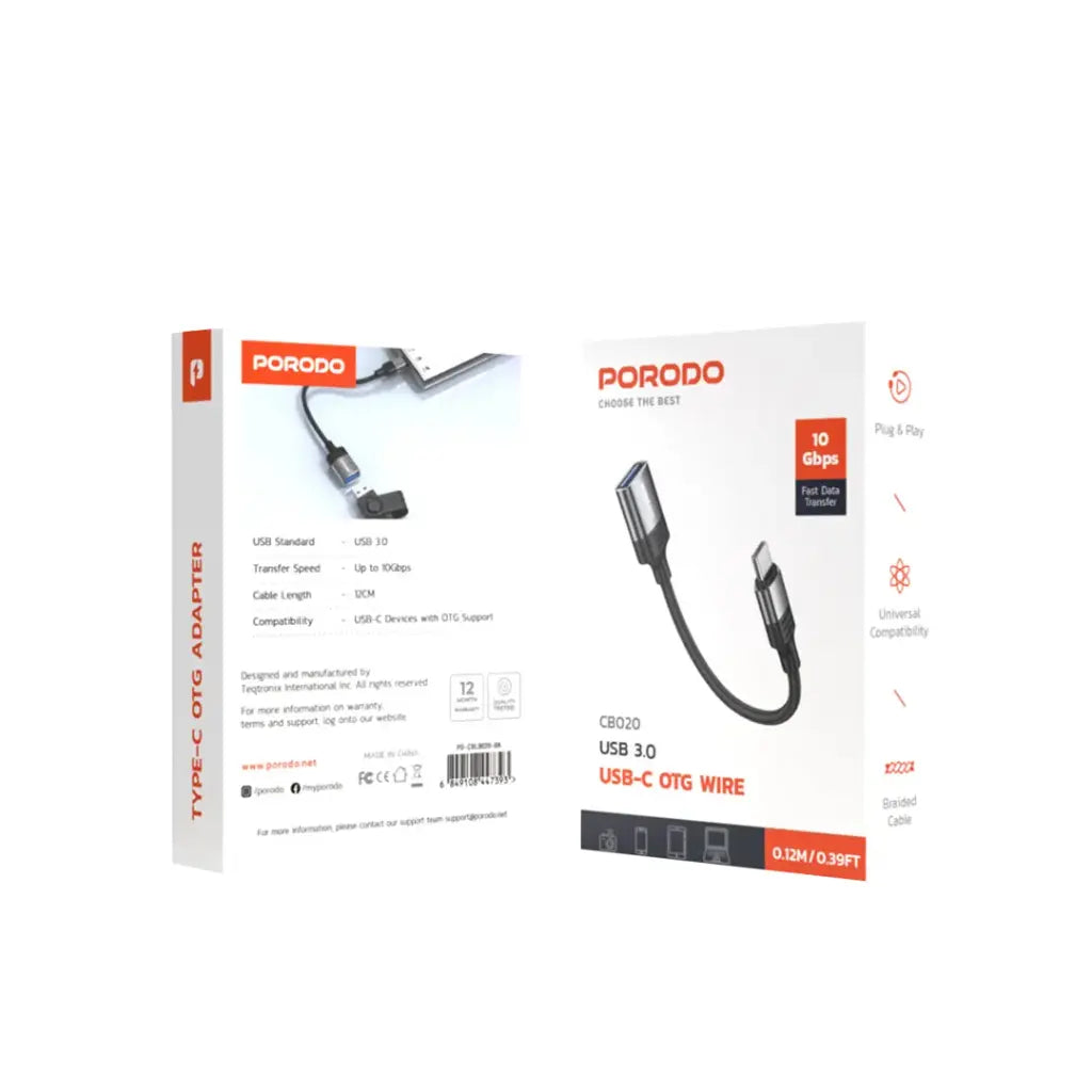 محول بورودو ووفن يو اس بي اي الى تايب سي بطول 0.12 متر وسرعة 10Gbps - اسود | Porodo Woven USB-A to Type-C OTG Adapter Cable 0.12M, USB 3.0 10Gbps – Black