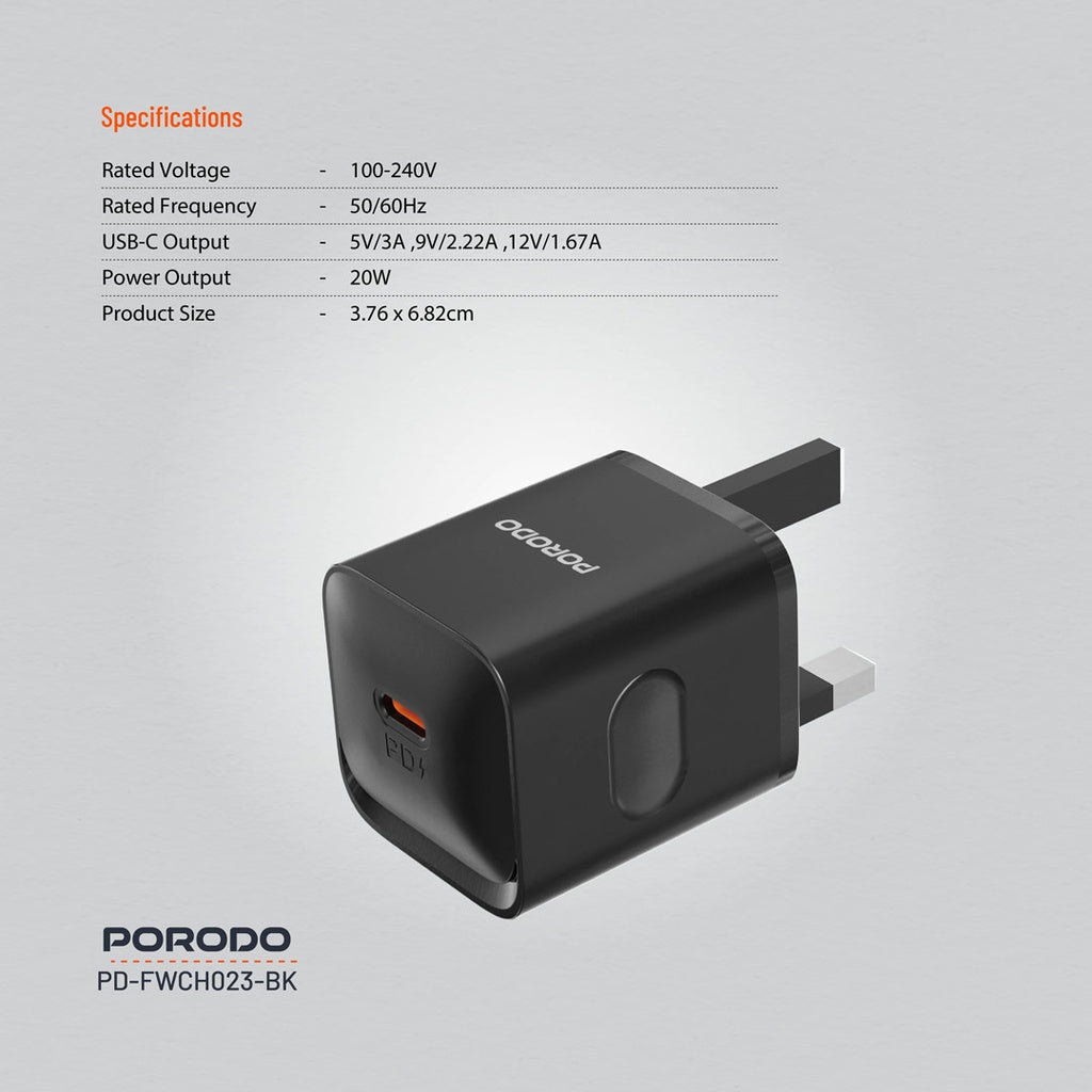 بورودو شاحن سريع 20 واط بمنفذ يو اس بي سي - اسود | Porodo PD20W UK Charger - Black