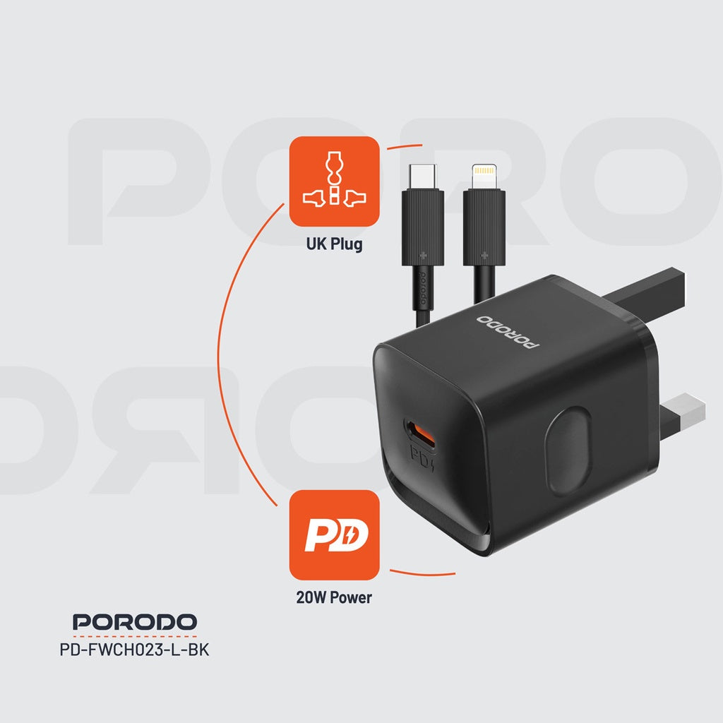 بورودو شاحن PD بقدرة 20 واط مع كيبل يو اس بي سي الى لايتننغ - اسود | Porodo PD20W UK Charger with Type-C to Lightning Cable - Black
