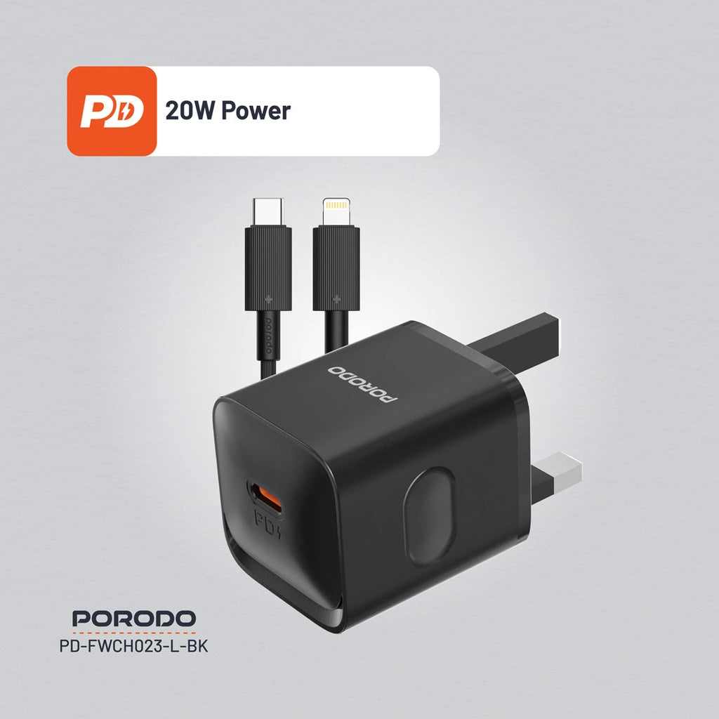 بورودو شاحن PD بقدرة 20 واط مع كيبل يو اس بي سي الى لايتننغ - اسود | Porodo PD20W UK Charger with Type-C to Lightning Cable - Black