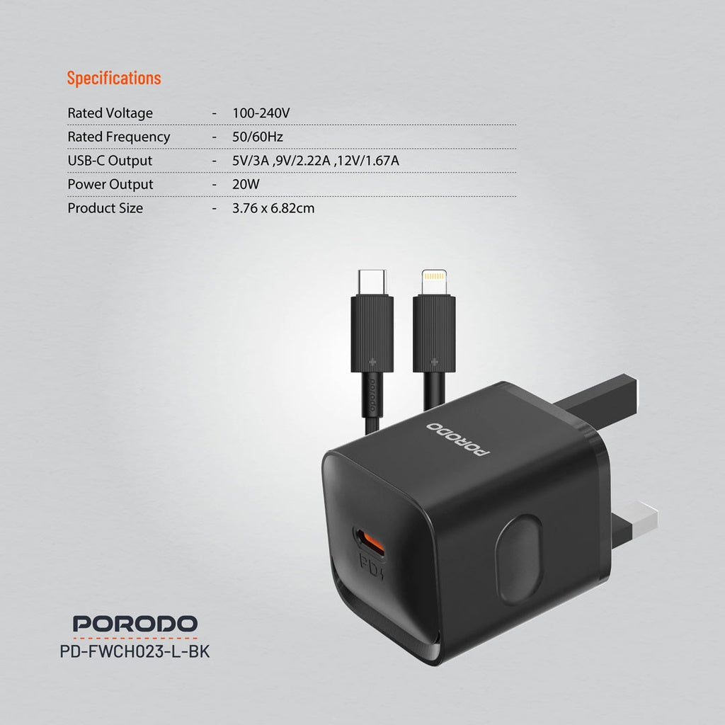 بورودو شاحن PD بقدرة 20 واط مع كيبل يو اس بي سي الى لايتننغ - اسود | Porodo PD20W UK Charger with Type-C to Lightning Cable - Black