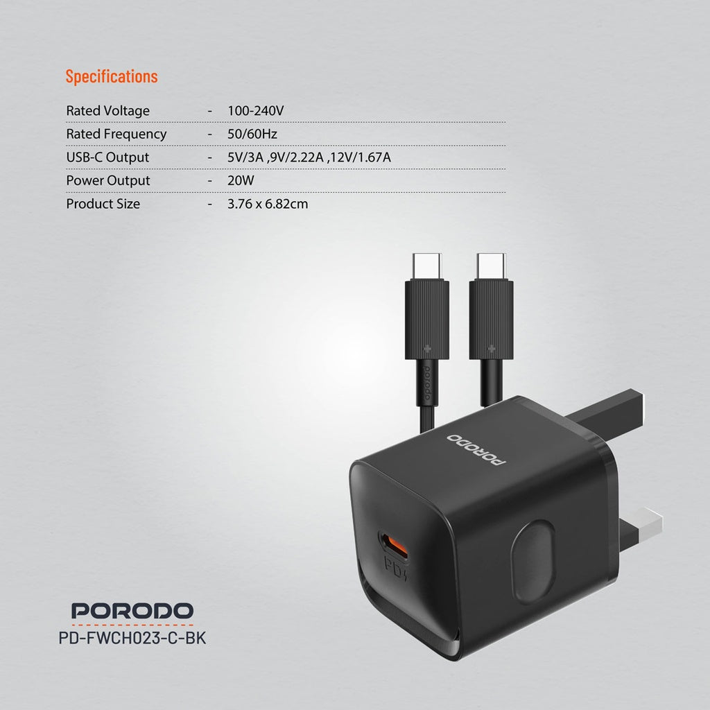 بورودو شاحن حائط بقدرة شحن سريع 20 واط مع كيبل يو اس بي سي الى يو اس بي سي - اسود | Porodo PD20W UK Charger with Type-C to C Cable - Black.