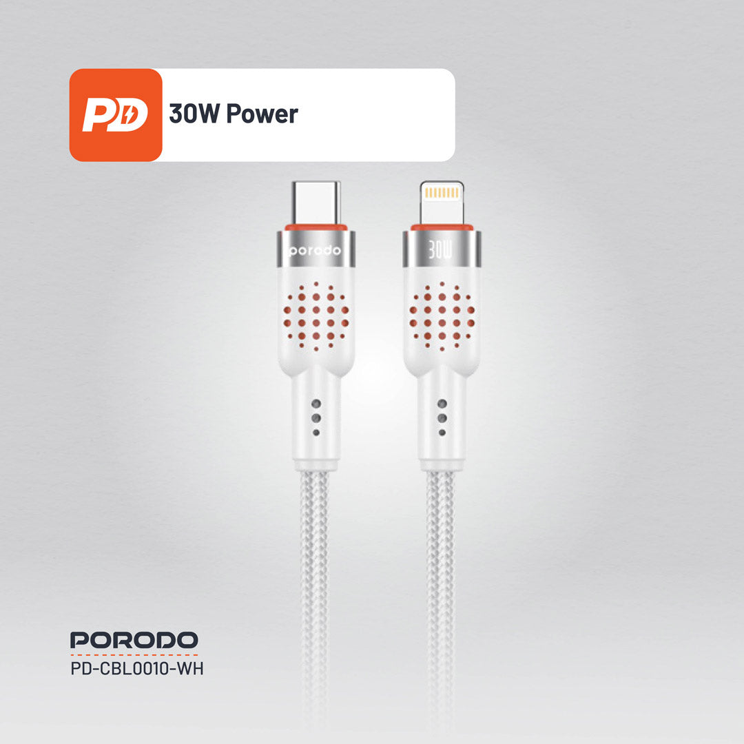 كيبل بورودو مضفر المنيوم يو اس بي سي الى لايتننغ بطول 1.2 متر, شحن سريع 30 واط | Porodo Alum. Alloy Braided Cable Type-C to Lightning 30W 1.2m.