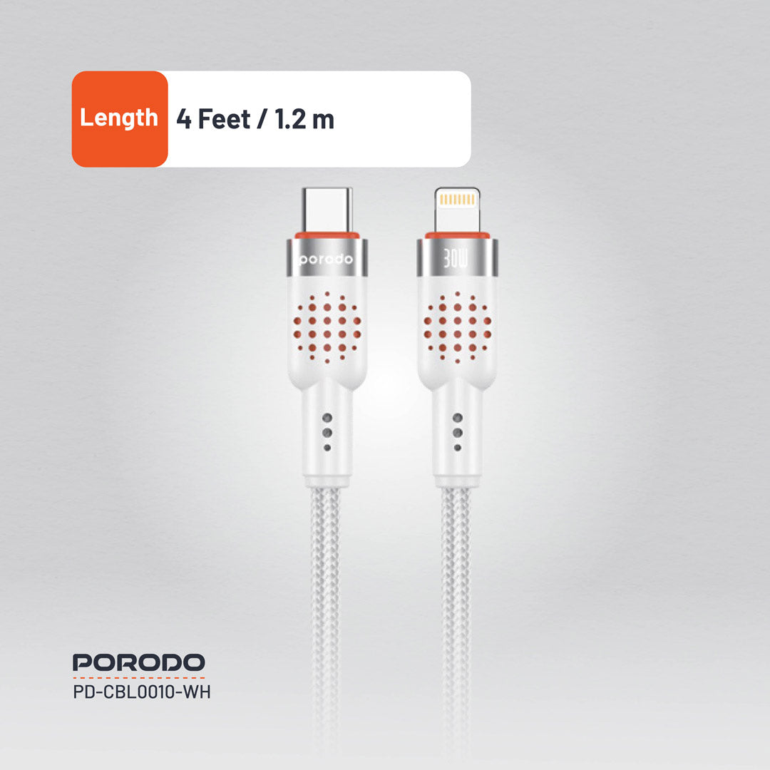 كيبل بورودو مضفر المنيوم يو اس بي سي الى لايتننغ بطول 1.2 متر, شحن سريع 30 واط | Porodo Alum. Alloy Braided Cable Type-C to Lightning 30W 1.2m.