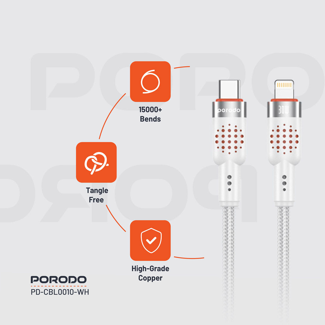 كيبل بورودو مضفر المنيوم يو اس بي سي الى لايتننغ بطول 1.2 متر, شحن سريع 30 واط | Porodo Alum. Alloy Braided Cable Type-C to Lightning 30W 1.2m.