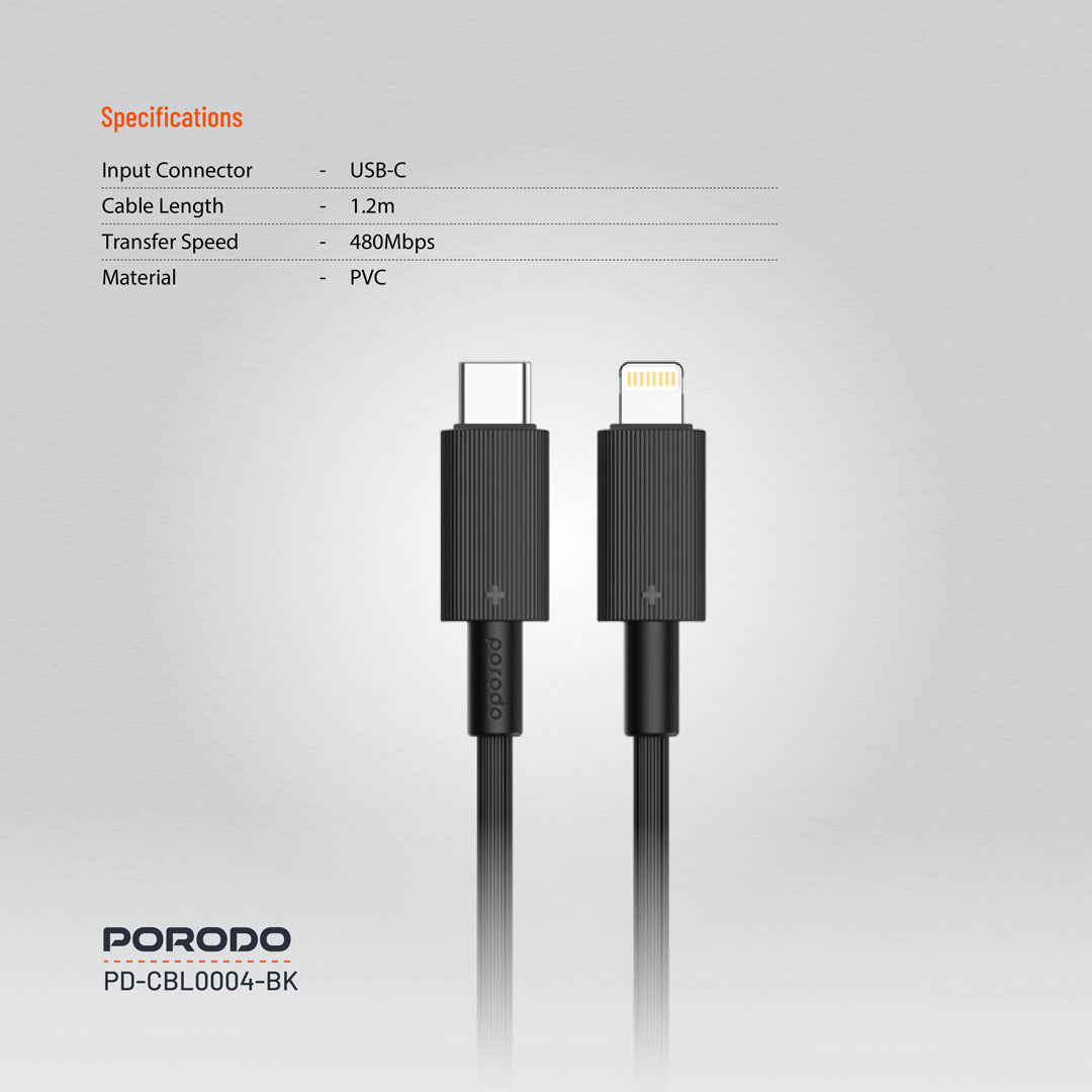 كيبل بورودو يو اس بي سي الى لايتننغ بطول 1.2 متر, شحن سريع | Porodo Type-C to Lightning PVC Cable 1.2M – Fast & Durable Charging.