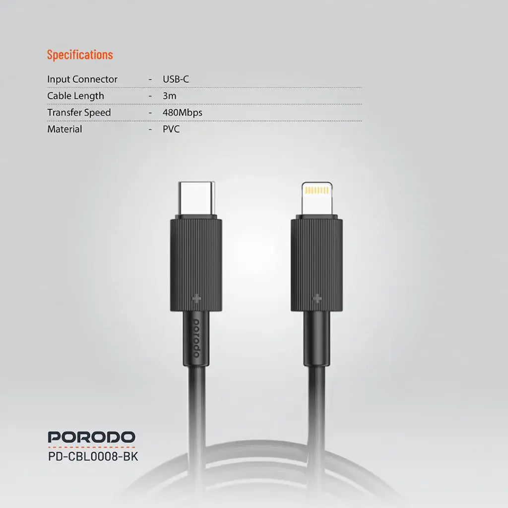 كيبل بورودو من اس بي سي الى لايتننغ بطول 3 متر | Porodo Type-C to Lightning PVC Cable 3m.