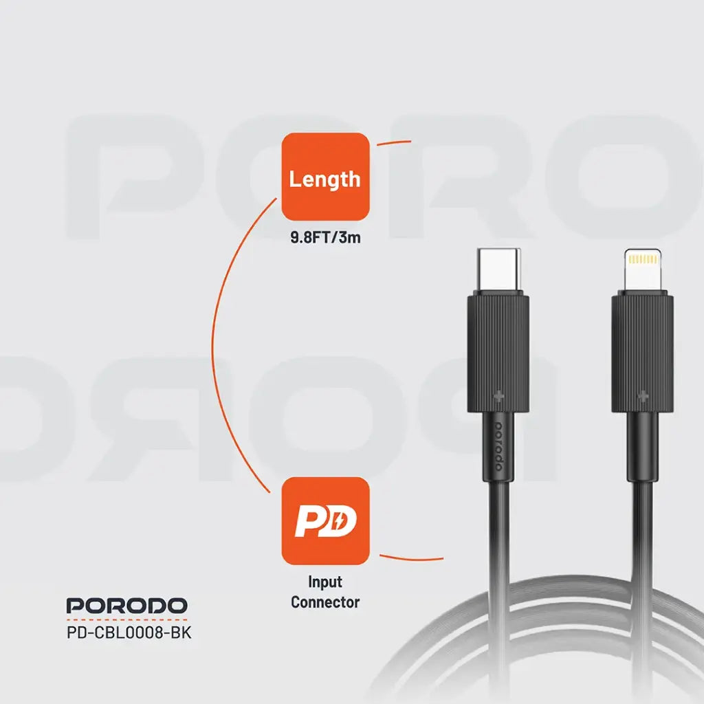 كيبل بورودو من اس بي سي الى لايتننغ بطول 3 متر | Porodo Type-C to Lightning PVC Cable 3m.