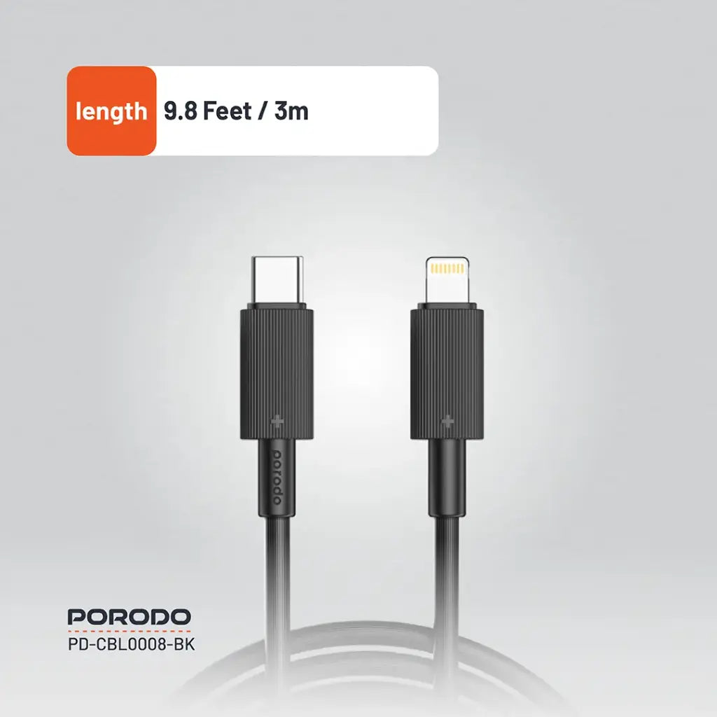 كيبل بورودو من اس بي سي الى لايتننغ بطول 3 متر | Porodo Type-C to Lightning PVC Cable 3m.