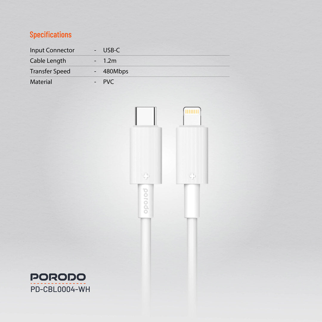 كيبل بورودو يو اس بي سي الى لايتننغ بطول 1.2 متر, شحن سريع | Porodo Type-C to Lightning PVC Cable 1.2M – Fast & Durable Charging.
