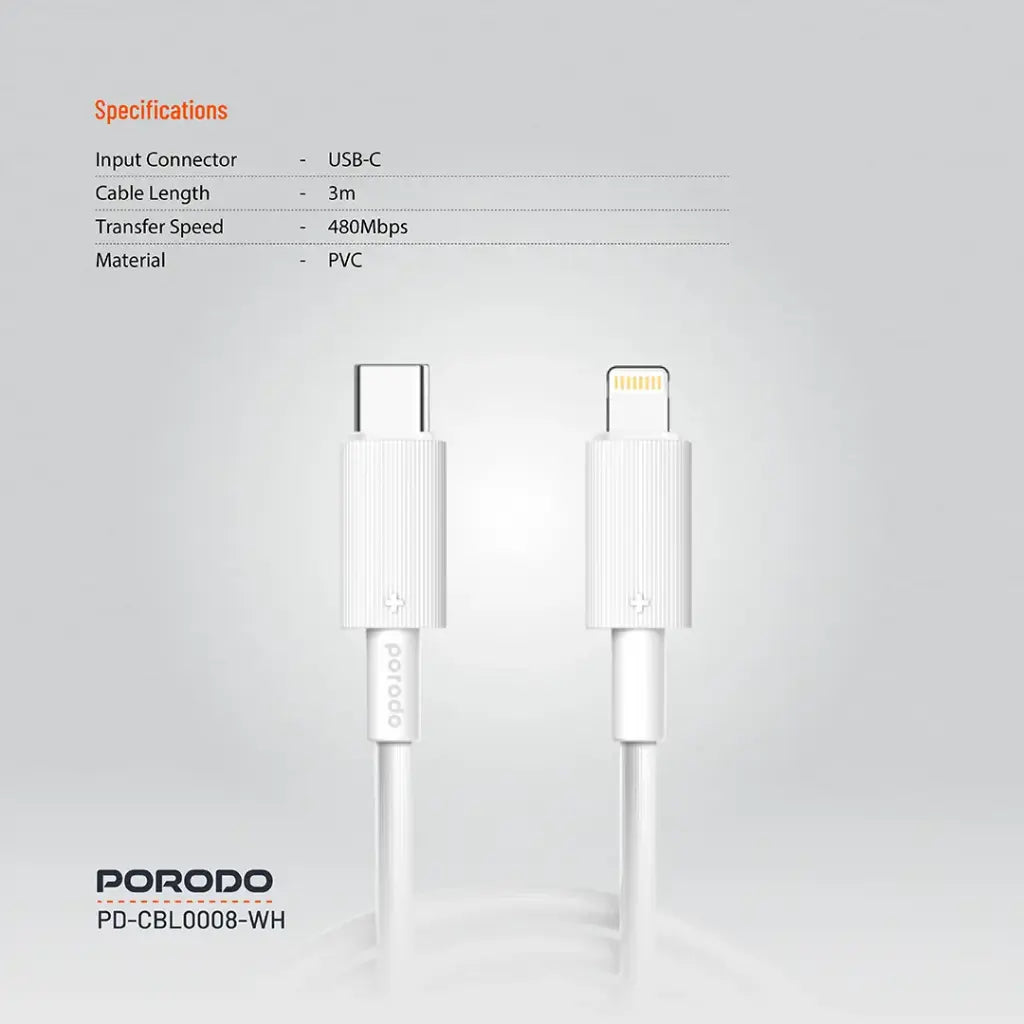 كيبل بورودو من اس بي سي الى لايتننغ بطول 3 متر | Porodo Type-C to Lightning PVC Cable 3m.