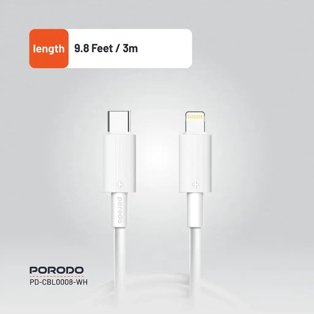 كيبل بورودو من اس بي سي الى لايتننغ بطول 3 متر | Porodo Type-C to Lightning PVC Cable 3m.