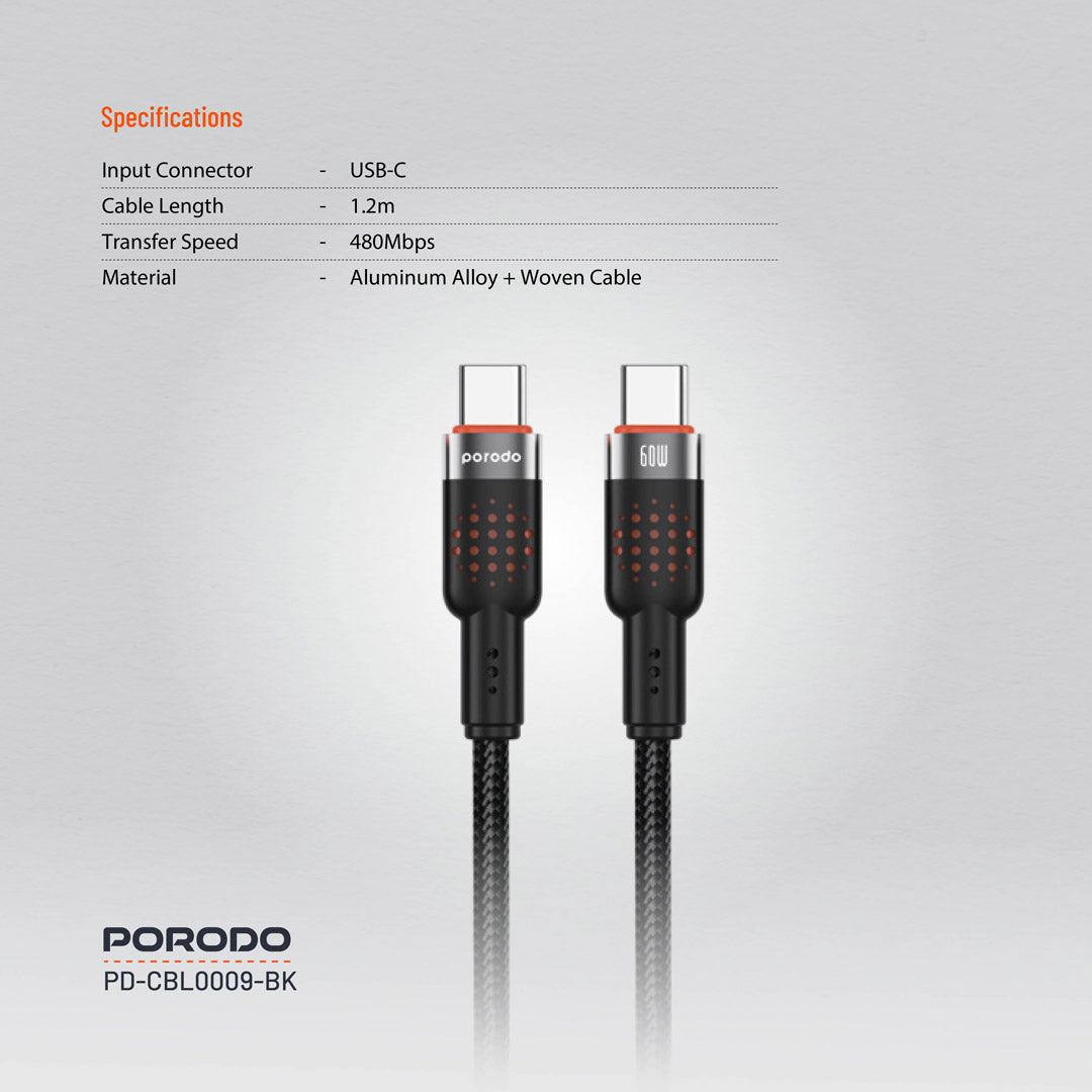 كيبل بورودو مضفر من الالمنيوم يو اس بي سي الى يو اس بي سي بطول 1.2 متر, شحن سريع 60 واط | Porodo Alum. Alloy Braided Cable Type-C to C 60W 1.2m