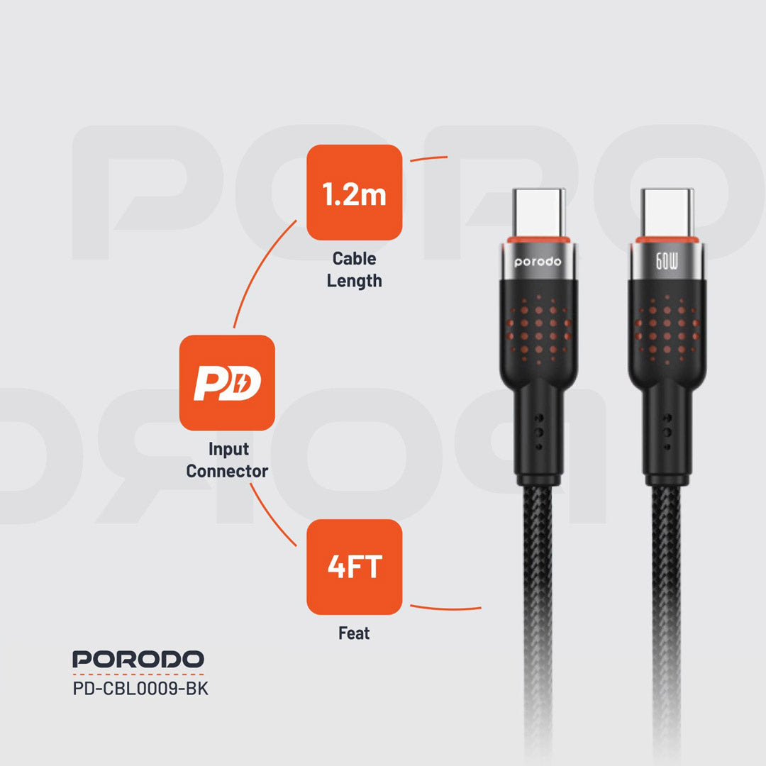 كيبل بورودو مضفر من الالمنيوم يو اس بي سي الى يو اس بي سي بطول 1.2 متر, شحن سريع 60 واط | Porodo Alum. Alloy Braided Cable Type-C to C 60W 1.2m