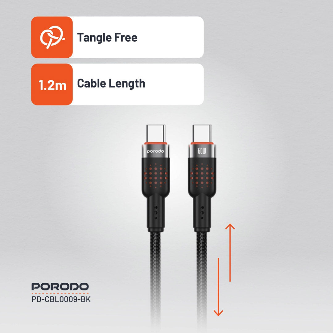 كيبل بورودو مضفر من الالمنيوم يو اس بي سي الى يو اس بي سي بطول 1.2 متر, شحن سريع 60 واط | Porodo Alum. Alloy Braided Cable Type-C to C 60W 1.2m