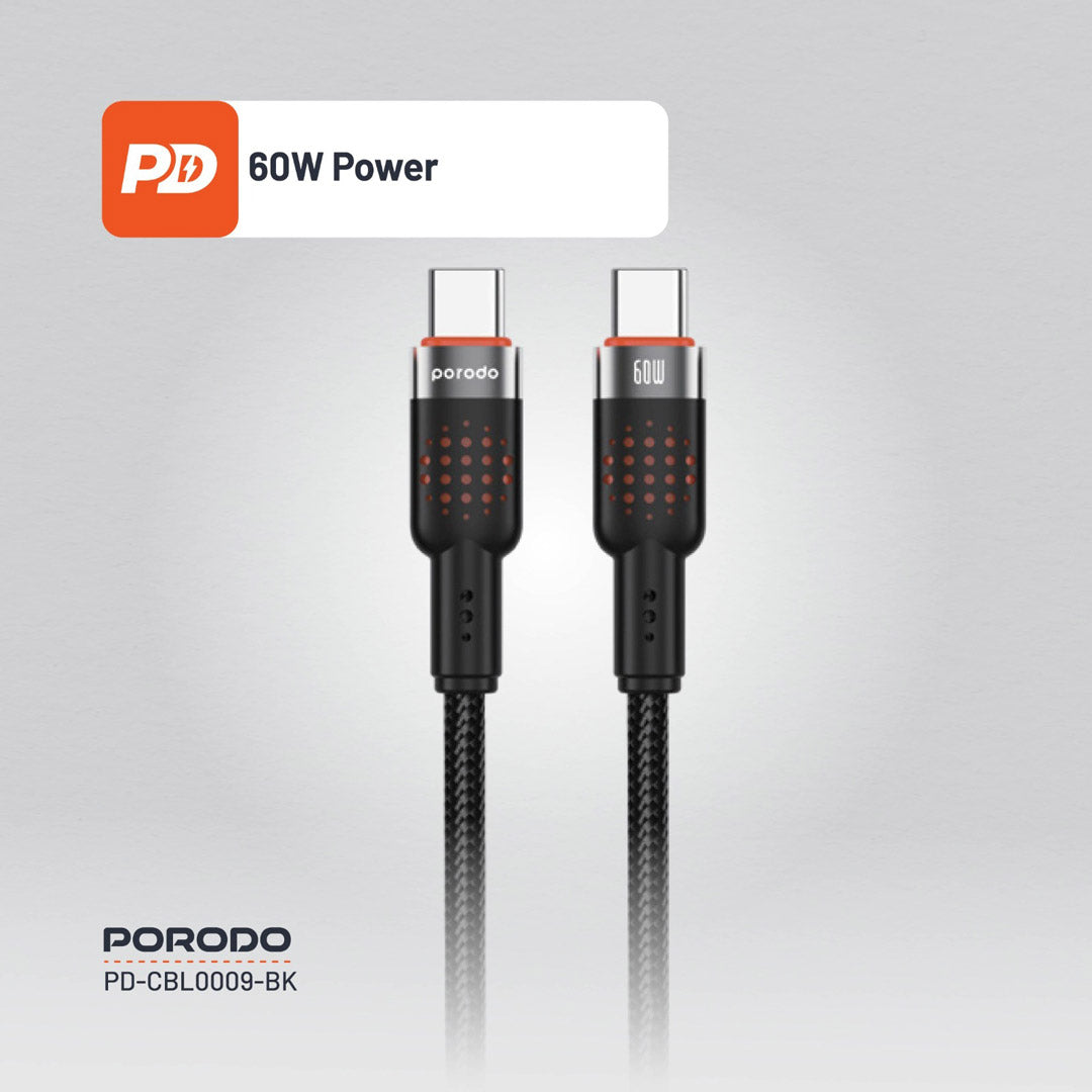 كيبل بورودو مضفر من الالمنيوم يو اس بي سي الى يو اس بي سي بطول 1.2 متر, شحن سريع 60 واط | Porodo Alum. Alloy Braided Cable Type-C to C 60W 1.2m