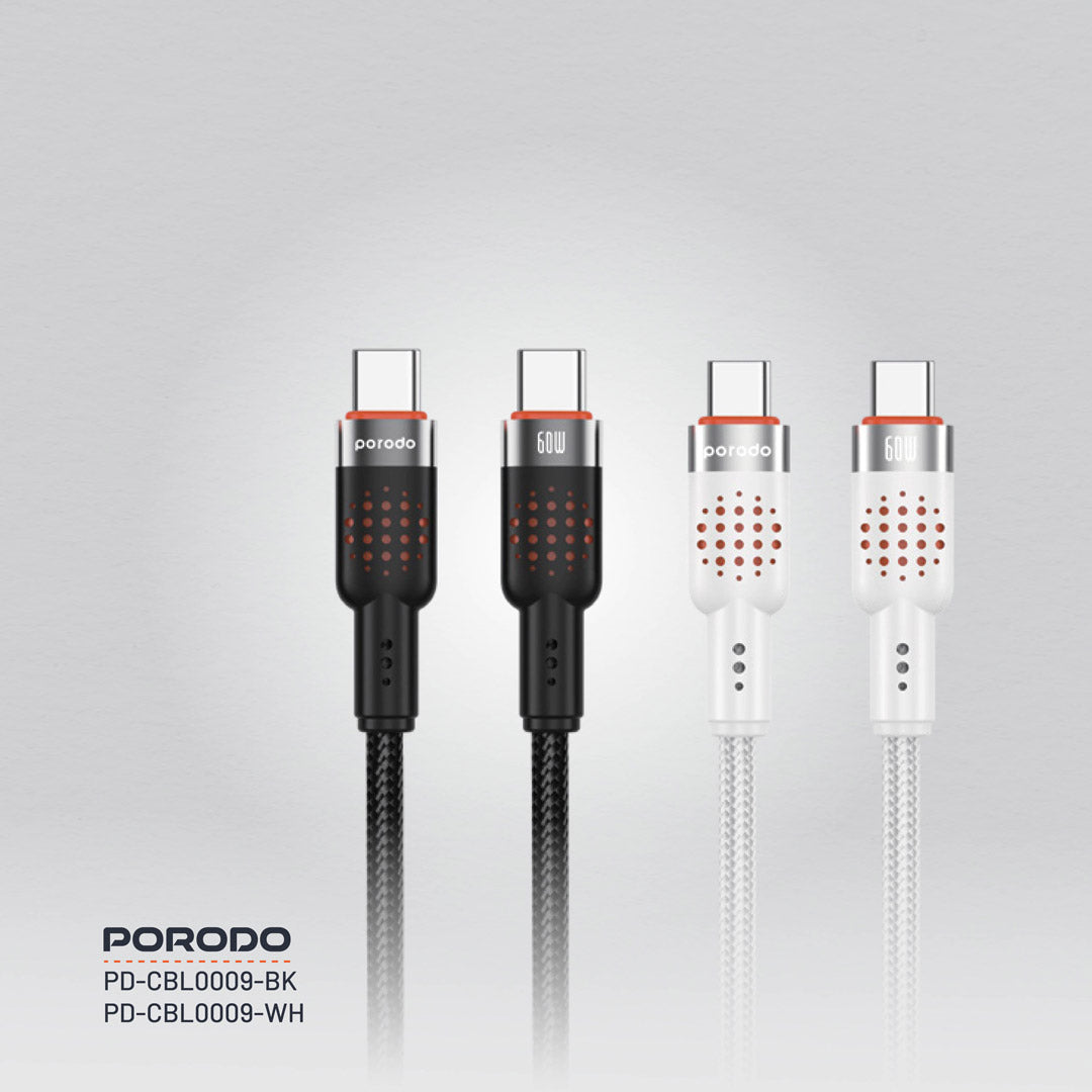 كيبل بورودو مضفر من الالمنيوم يو اس بي سي الى يو اس بي سي بطول 1.2 متر, شحن سريع 60 واط | Porodo Alum. Alloy Braided Cable Type-C to C 60W 1.2m