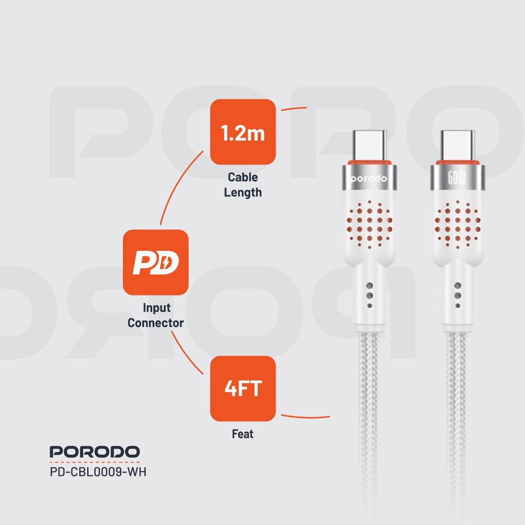 كيبل بورودو مضفر من الالمنيوم يو اس بي سي الى يو اس بي سي بطول 1.2 متر, شحن سريع 60 واط | Porodo Alum. Alloy Braided Cable Type-C to C 60W 1.2m