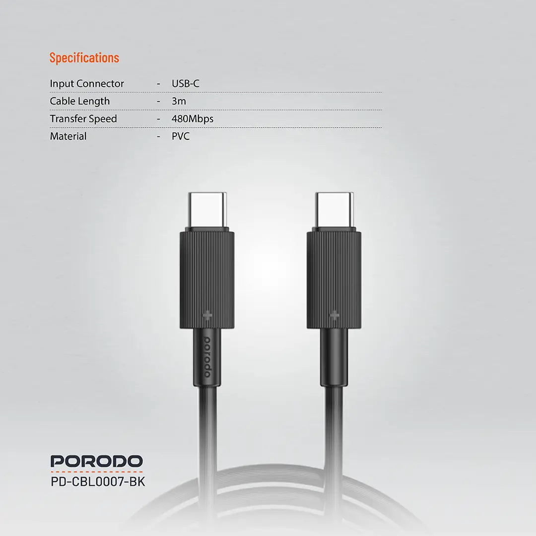 كيبل بورودو يو اس بي سي الى يو اس بي سي بطول 3 متر, شحن سريع 60 واط | Porodo Type-C to C PVC Cable 3M 60W.