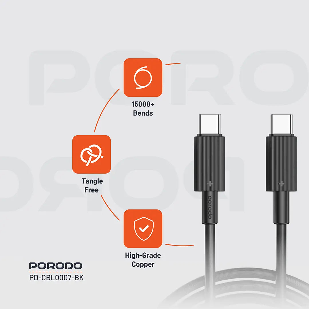 كيبل بورودو يو اس بي سي الى يو اس بي سي بطول 3 متر, شحن سريع 60 واط | Porodo Type-C to C PVC Cable 3M 60W.