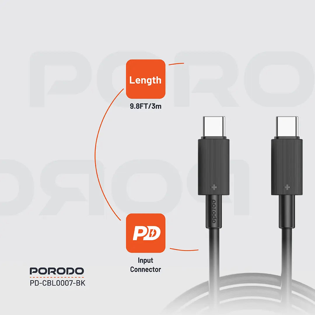 كيبل بورودو يو اس بي سي الى يو اس بي سي بطول 3 متر, شحن سريع 60 واط | Porodo Type-C to C PVC Cable 3M 60W.
