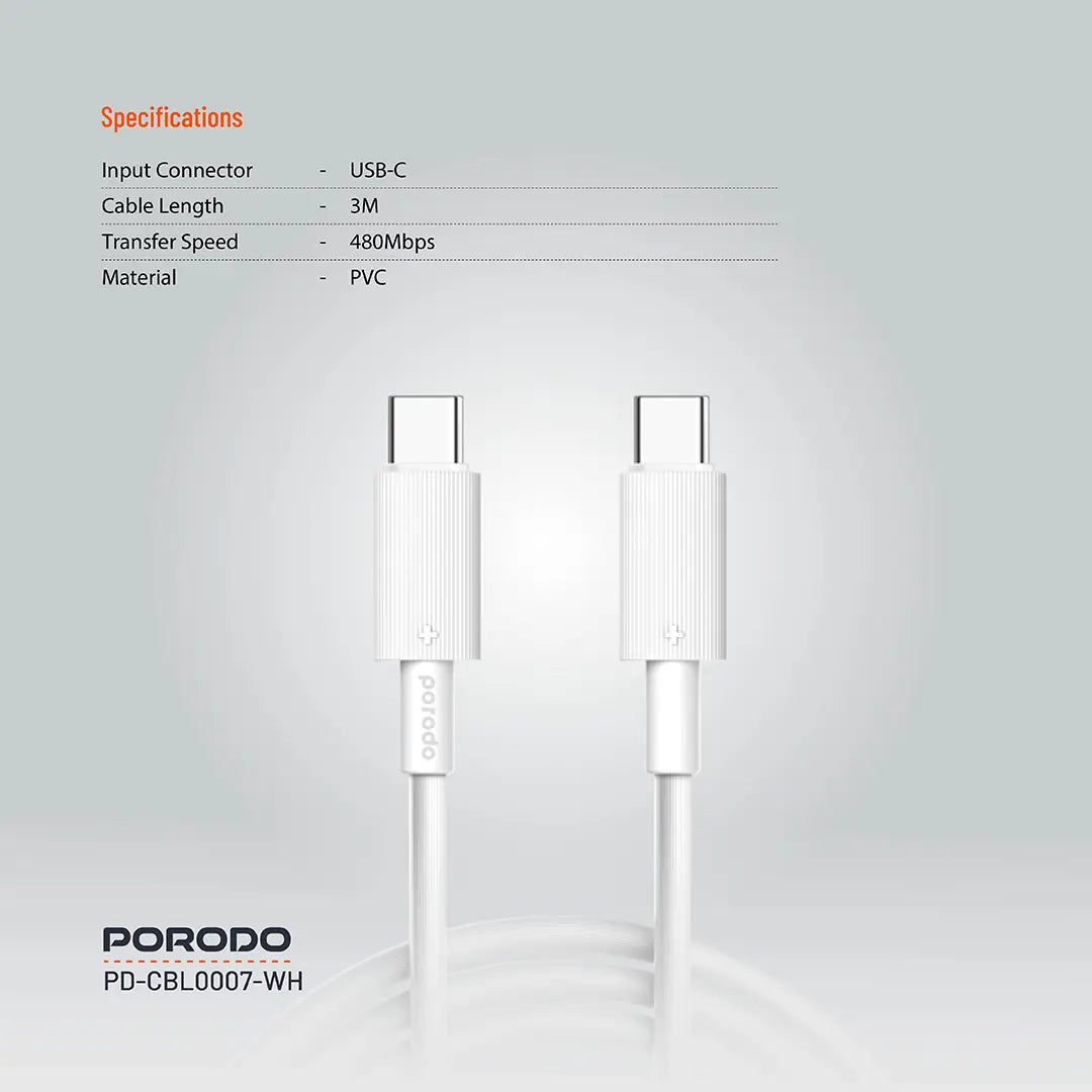 كيبل بورودو يو اس بي سي الى يو اس بي سي بطول 3 متر, شحن سريع 60 واط | Porodo Type-C to C PVC Cable 3M 60W.