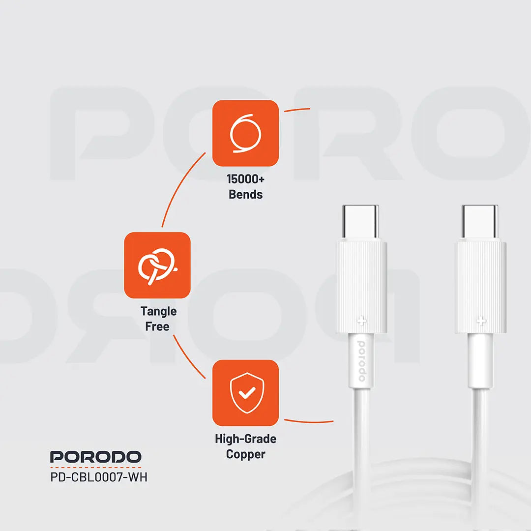 كيبل بورودو يو اس بي سي الى يو اس بي سي بطول 3 متر, شحن سريع 60 واط | Porodo Type-C to C PVC Cable 3M 60W.
