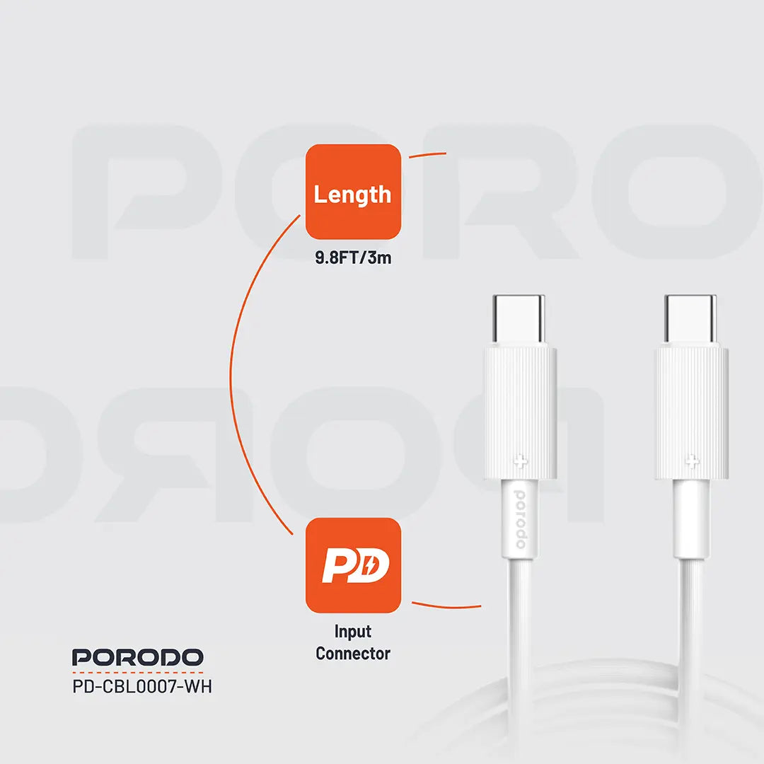 كيبل بورودو يو اس بي سي الى يو اس بي سي بطول 3 متر, شحن سريع 60 واط | Porodo Type-C to C PVC Cable 3M 60W.