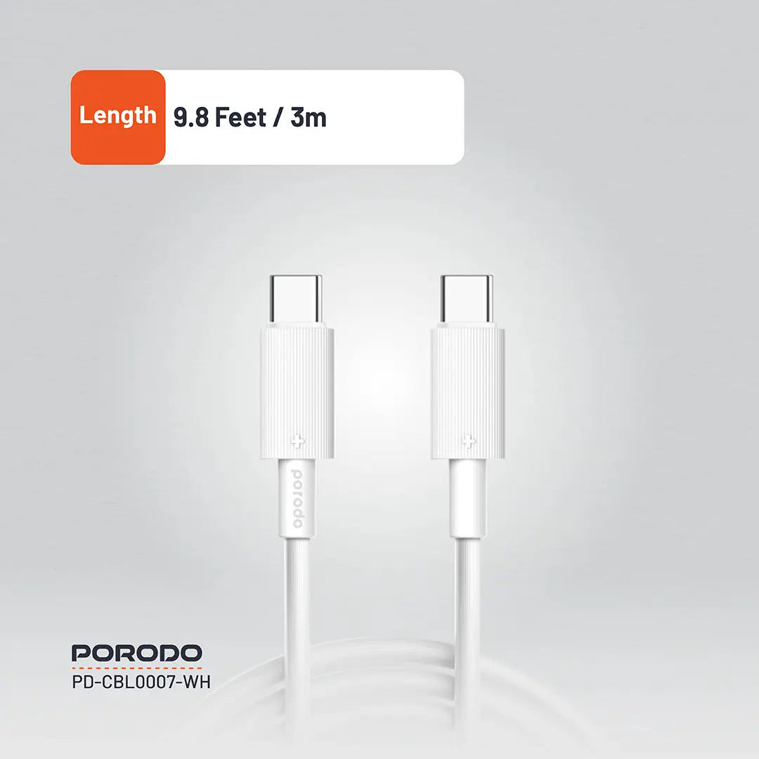 كيبل بورودو يو اس بي سي الى يو اس بي سي بطول 3 متر, شحن سريع 60 واط | Porodo Type-C to C PVC Cable 3M 60W.