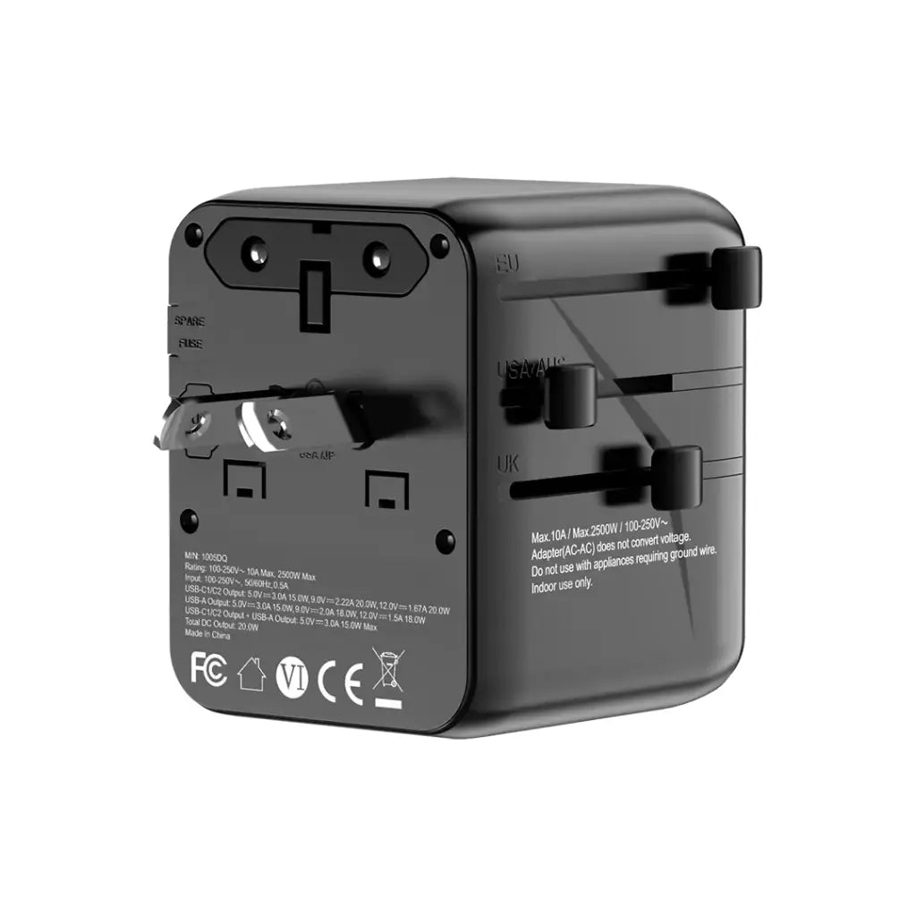 محول سفر عالمي من بورودو, شاحن GaN بقدرة 20 واط ومنفذ QC 3.0  - اسود | Porodo Universal Travel Adapter GaN PD 20W + QC3.0 Fast Charger– Black