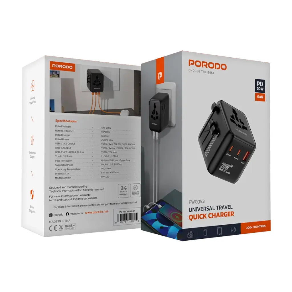 محول سفر عالمي من بورودو, شاحن GaN بقدرة 20 واط ومنفذ QC 3.0  - اسود | Porodo Universal Travel Adapter GaN PD 20W + QC3.0 Fast Charger– Black