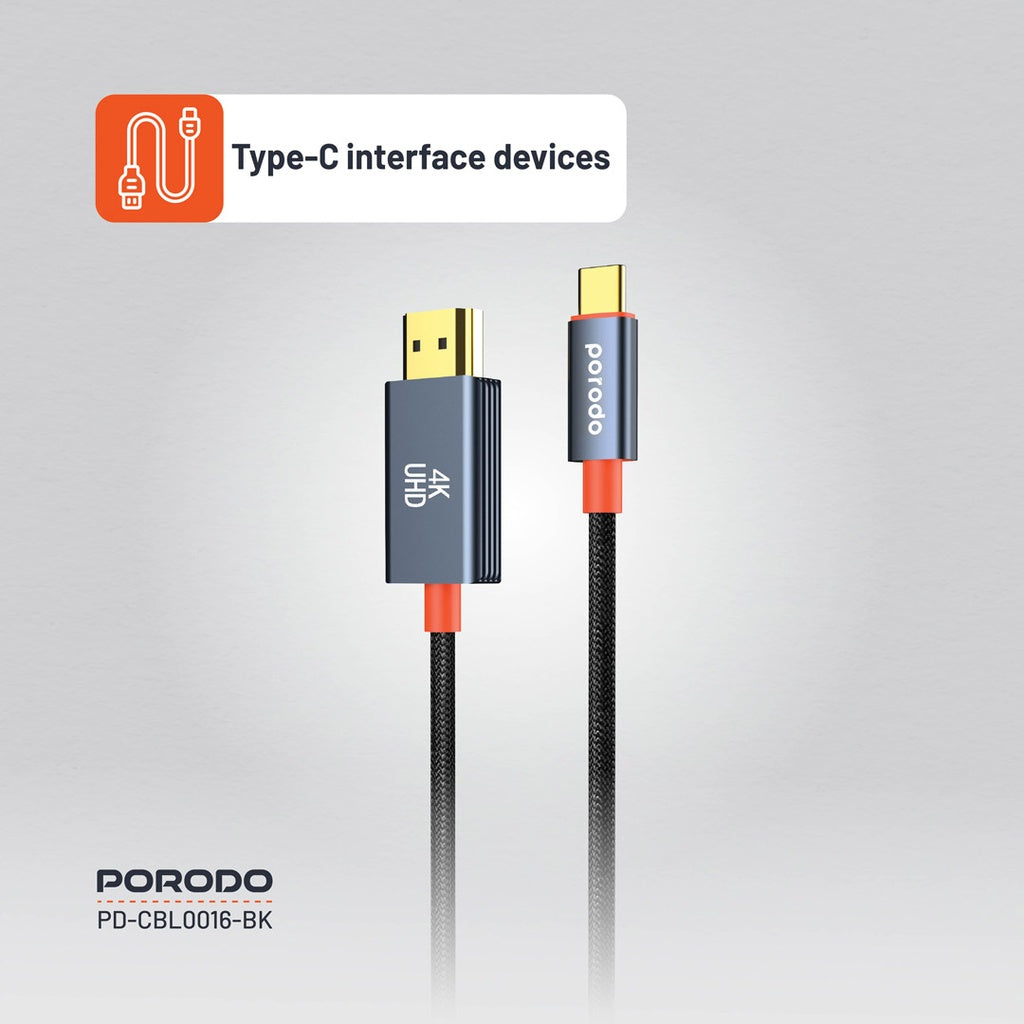 كيبل بورودو من تايب سي الى اج دي ام اي بطول 2 متر - اسود | Porodo Alum. Alloy Woven Cable Type-C to HDMI 2m – Black