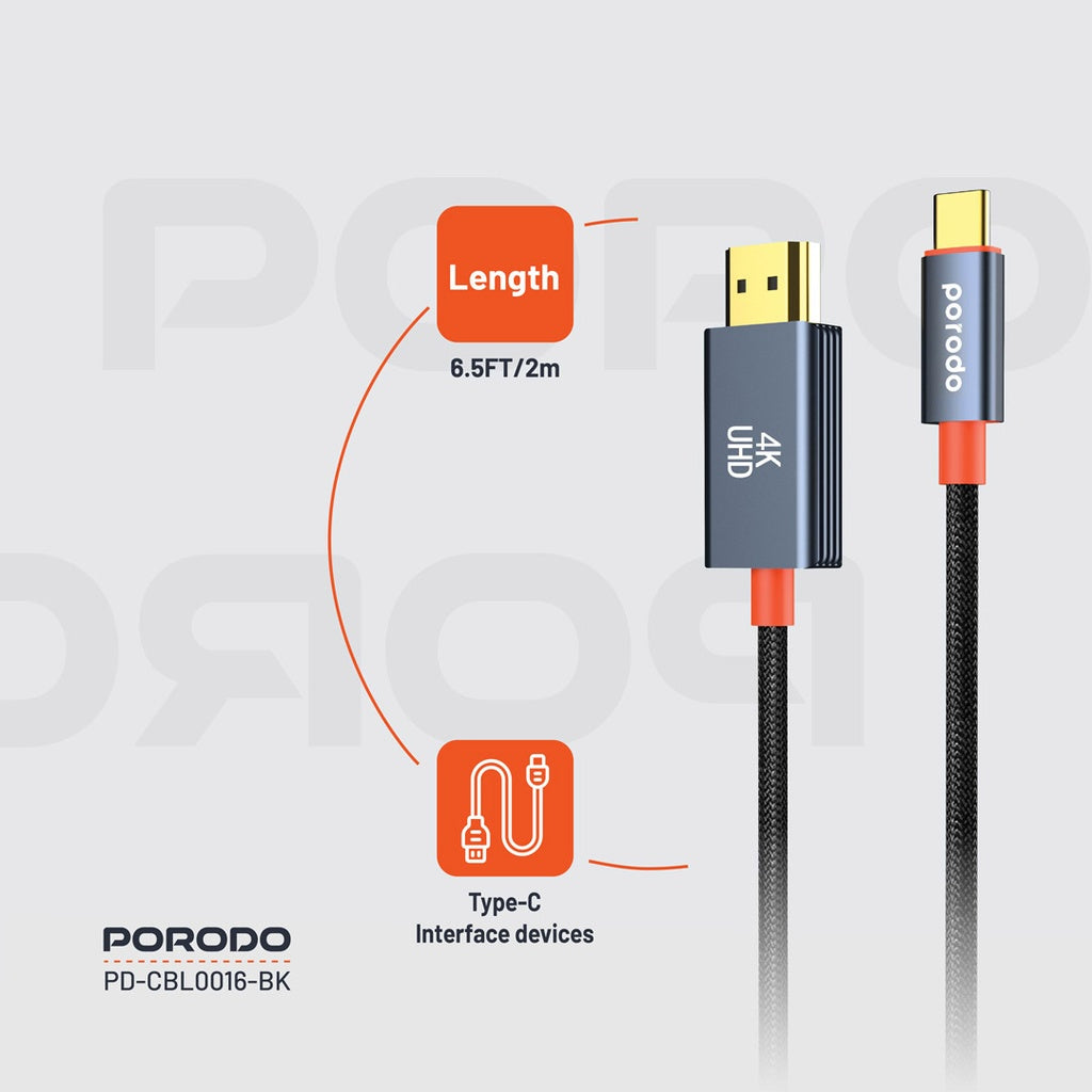 كيبل بورودو من تايب سي الى اج دي ام اي بطول 2 متر - اسود | Porodo Alum. Alloy Woven Cable Type-C to HDMI 2m – Black