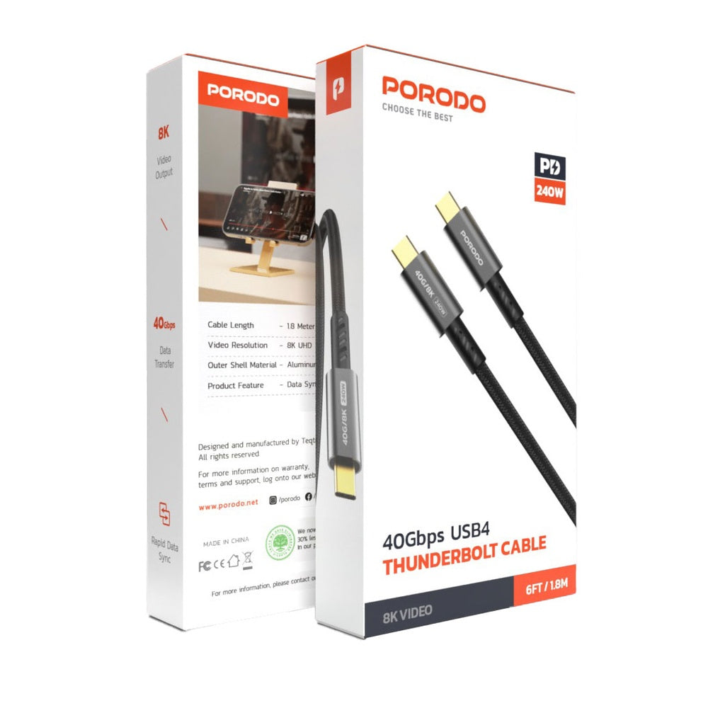 كيبل مضفر بورودو يو اس بي سي الى يو اس بي سي بقدرة 240 واط 8K 60Hz, نقل بيانات بسرعة 40Gbps - اسود | Porodo Woven Type-C to Type-C Cable 240W 40Gbps 8K 60Hz – Black