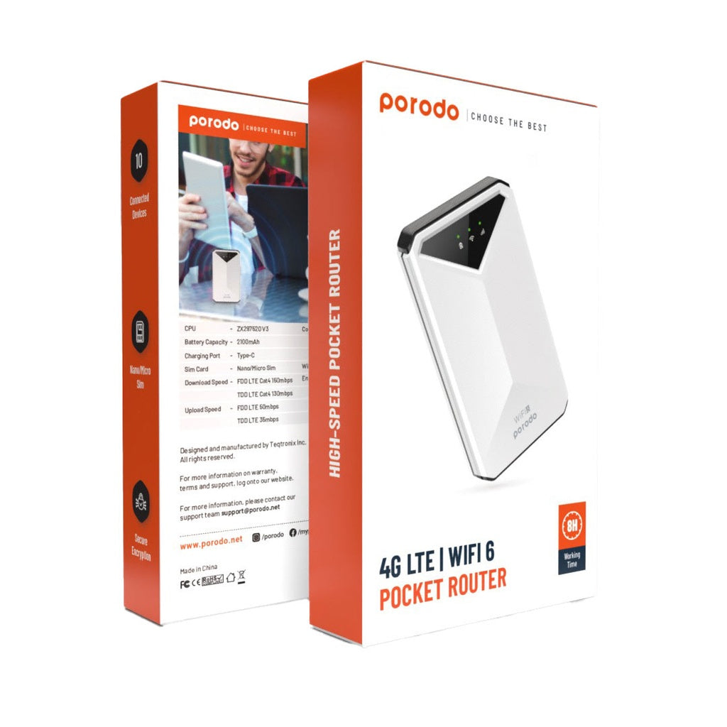 راوتر بورودو MiFi محمول 3G/4G CAT4 V2 بدون شاشة - ابيض | Porodo Portable MiFi 3G/4G Router CAT4 V2 without Display - White