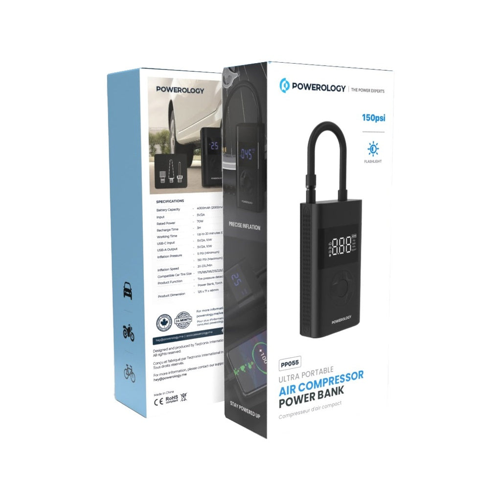 منفاخ هواء باورولوجي المحمول, بطارية بسعة 4000mAh, متعدد الوضائف مع باور بانك - اسود | Powerology 4000mAh 3C Mini Air Pump & Power Bank – Black.