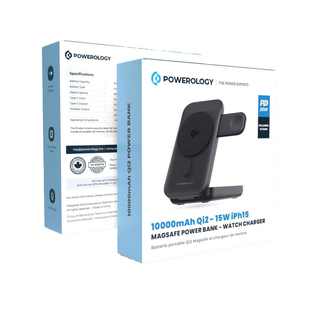 باور بانك ماج سيف باورولوجي 3 في 1 بسعة 10000 مللي امبير - اسود | Powerology 10000mAh 3 in 1 MagSafe Power Bank – Black.