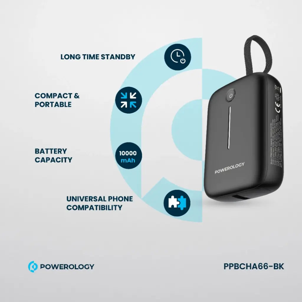 باور بانك باورولوجي 10000mAh بمنفذ يو اس بي سي و يو اس بي اي, بقدرة 20 واط - ابيض | Powerology PD20W 10000mAh Power Bank Type-C Port and USB-A Port – White.