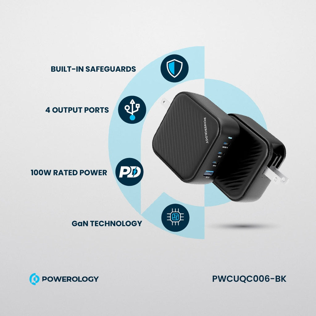 شاحن جداري باورولوجي ب 3 منافذ PD ومنفذ QC3.0 بقدرة 100 واط - اسود | Powerology 3-Port PD + 1 QC3.0 GaN Wall Charger 100W – Black.