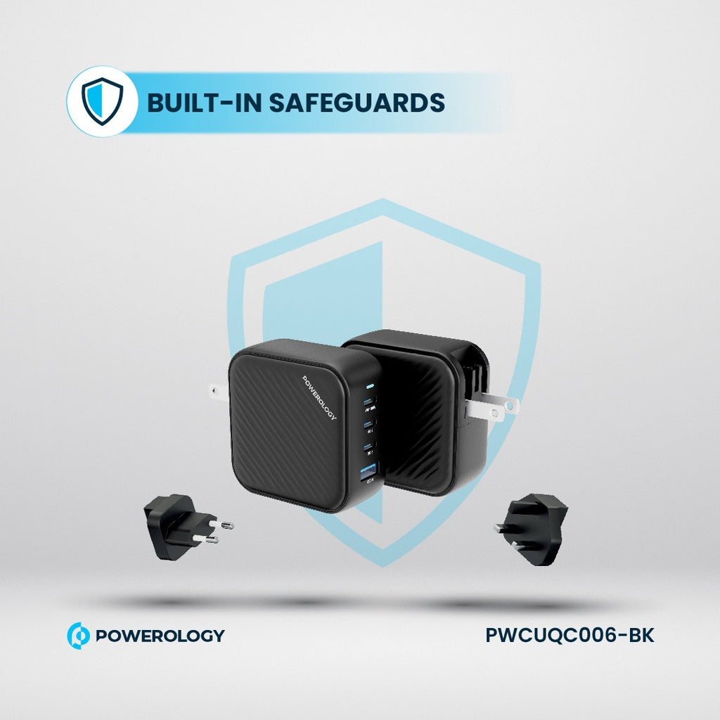 شاحن جداري باورولوجي ب 3 منافذ PD ومنفذ QC3.0 بقدرة 100 واط - اسود | Powerology 3-Port PD + 1 QC3.0 GaN Wall Charger 100W – Black.