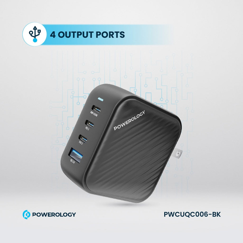 شاحن جداري باورولوجي ب 3 منافذ PD ومنفذ QC3.0 بقدرة 100 واط - اسود | Powerology 3-Port PD + 1 QC3.0 GaN Wall Charger 100W – Black.